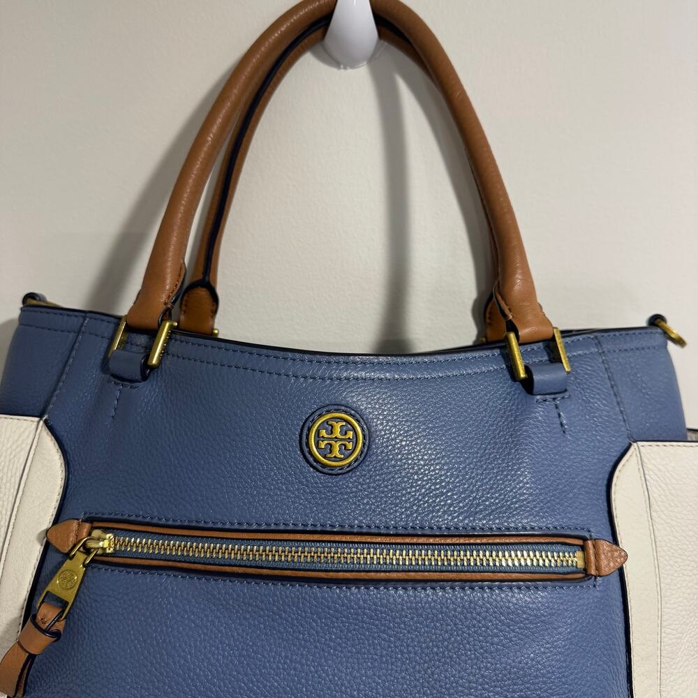 Tory Burch Frances Satchel Pebbled Leather Blue White Brown Colorblock Tote - Picture 3 of 13